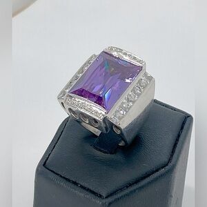 Vtg Lauren G Adams Sterling Emerald Cut Purple & White Cz Cocktail Ring Sz 5